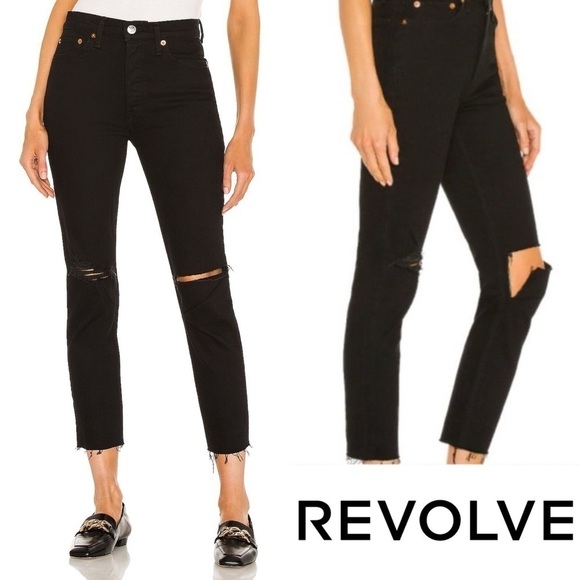 RE/DONE Jean 90s High Rise Ankle Crop Frayed Hole Jet Black With Rips 25 NWT - Picture 8 of 8
